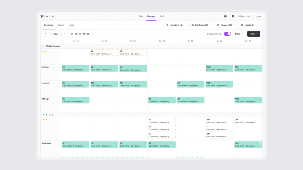 The main 'Schedule' view that shows the rota on a week-by-week basis that's updated in real-time. Managers can customise this view with powerful filter combinations and display variables. 