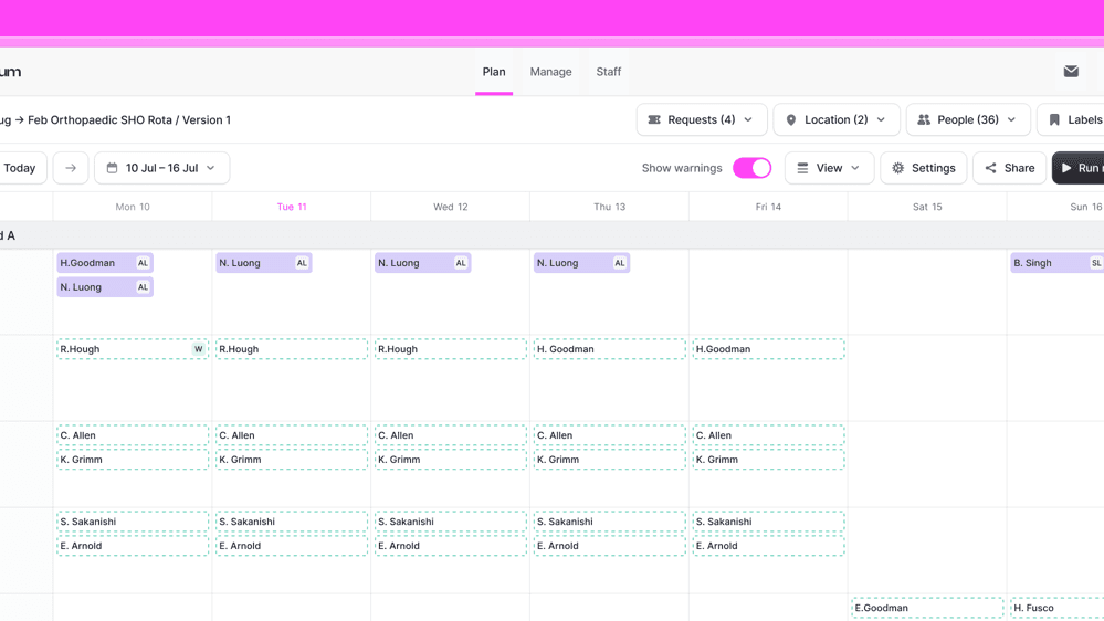 Close-up view of the Rota builder UI, where we leverage familiar patterns throughout the Lantum app but only show tasks relevant for rota building